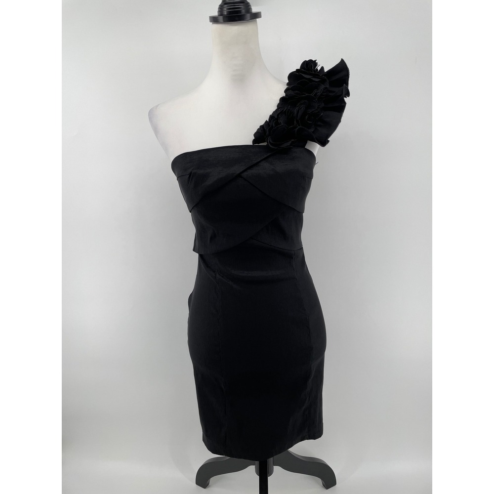 One Shoulder Cocktail Dress Womens Small Black Whimsigoth 3D Rosette Bodycon